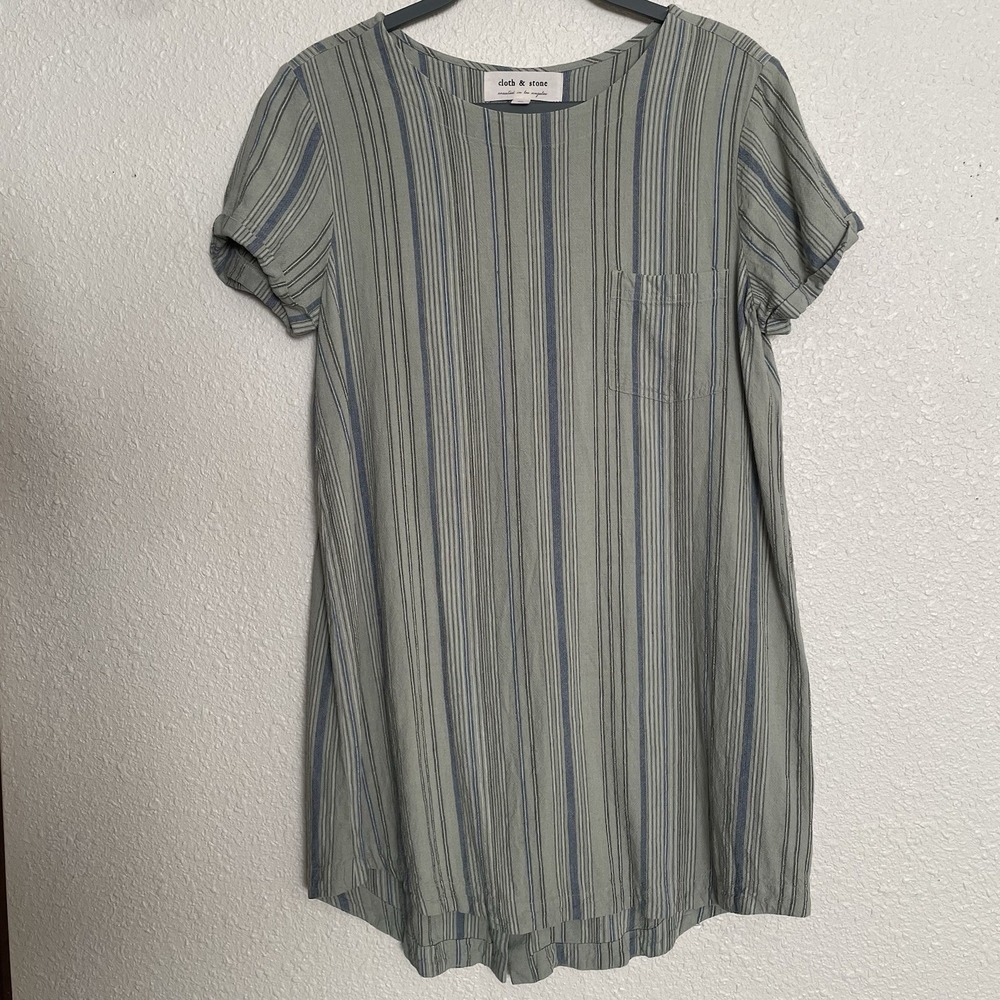 CLOTH & STONE Shirt Dress Medium Linen Rayon Striped Button Back Hi Low Green